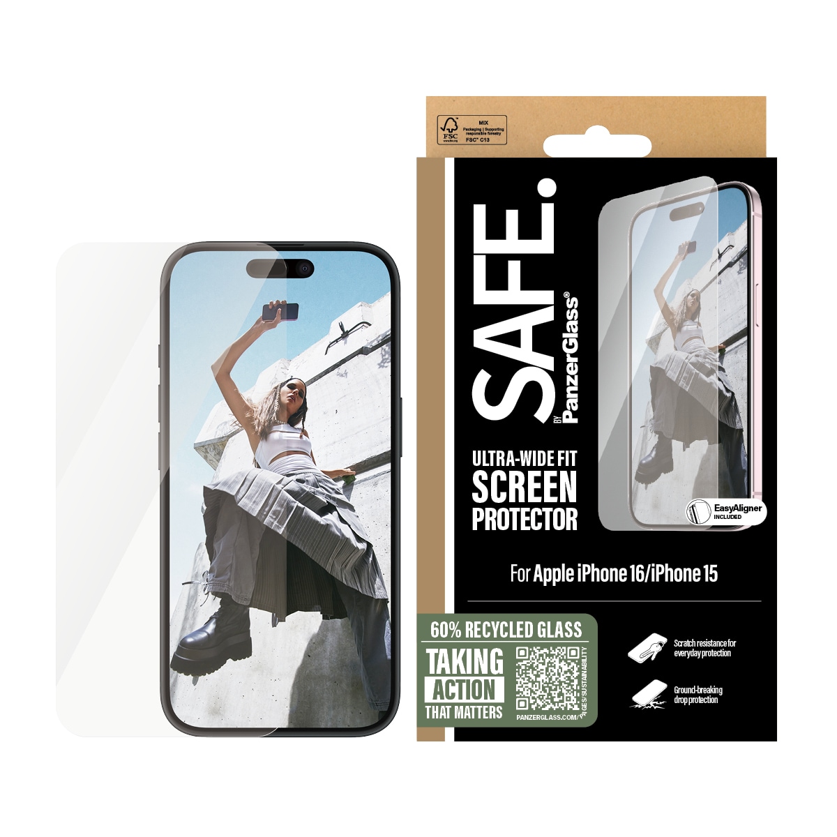 iPhone 16 Skærmbeskytter i glas med installationsramme - Ultra Wide Fit
