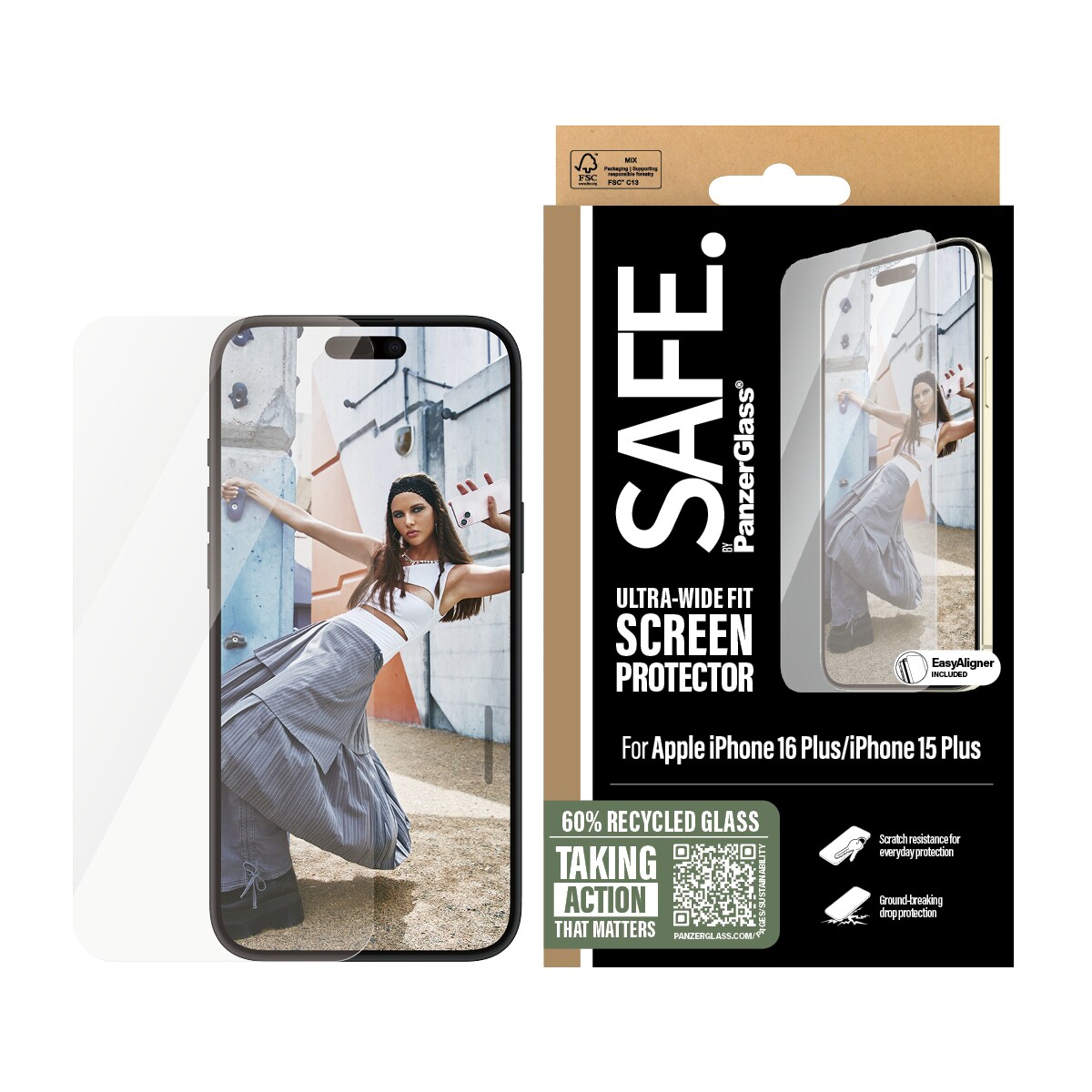 iPhone 16 Plus Skærmbeskytter i glas med installationsramme - Ultra Wide Fit