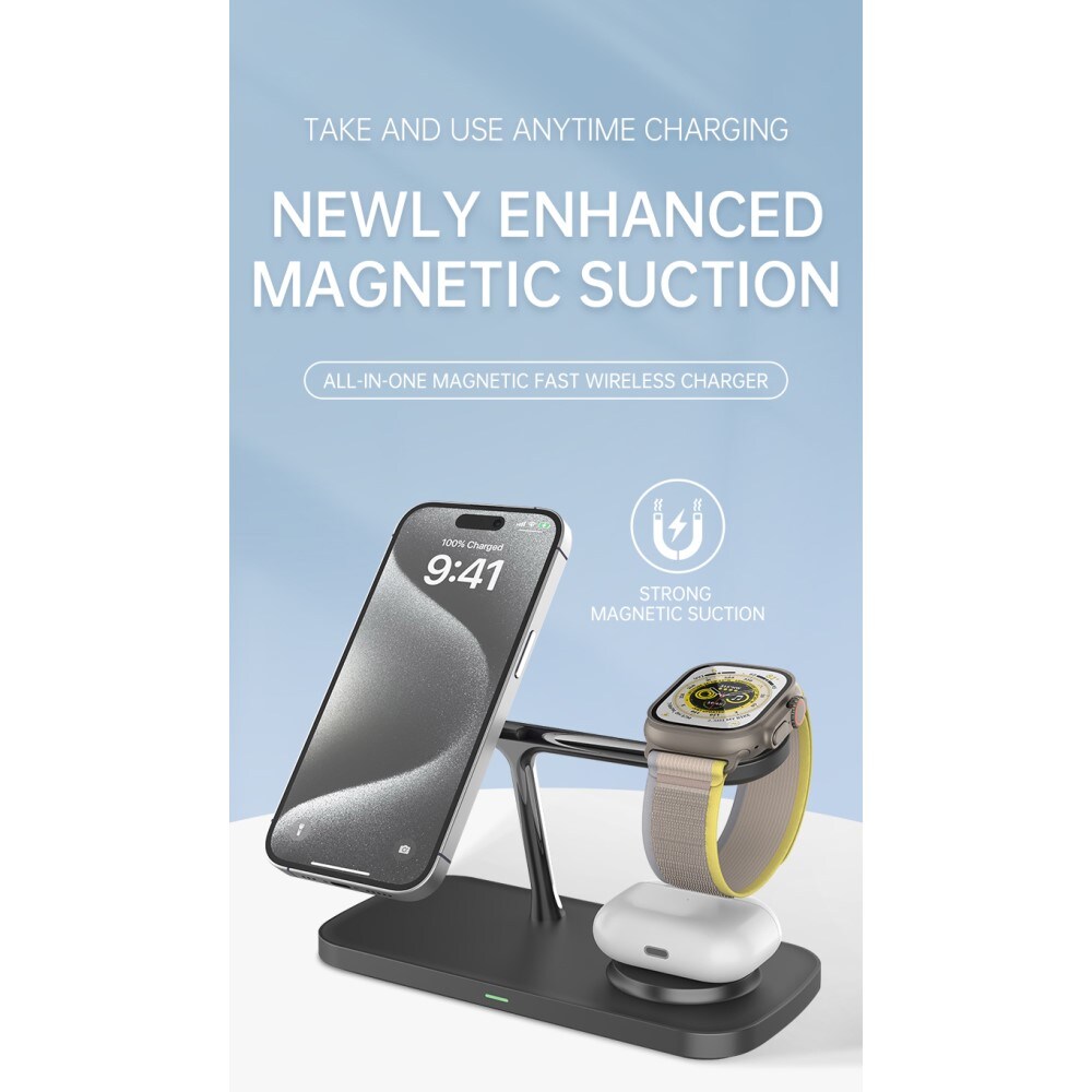 Apple iPhone 16 Qi2 magnetisk trådløs opladningsstation 3-i-1, Sort