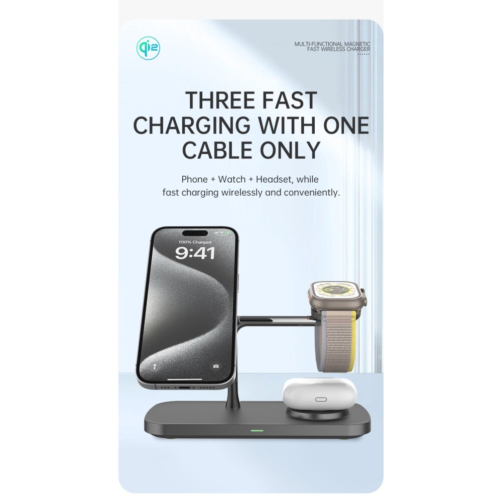 Apple iPhone 16 Qi2 magnetisk trådløs opladningsstation 3-i-1, Sort