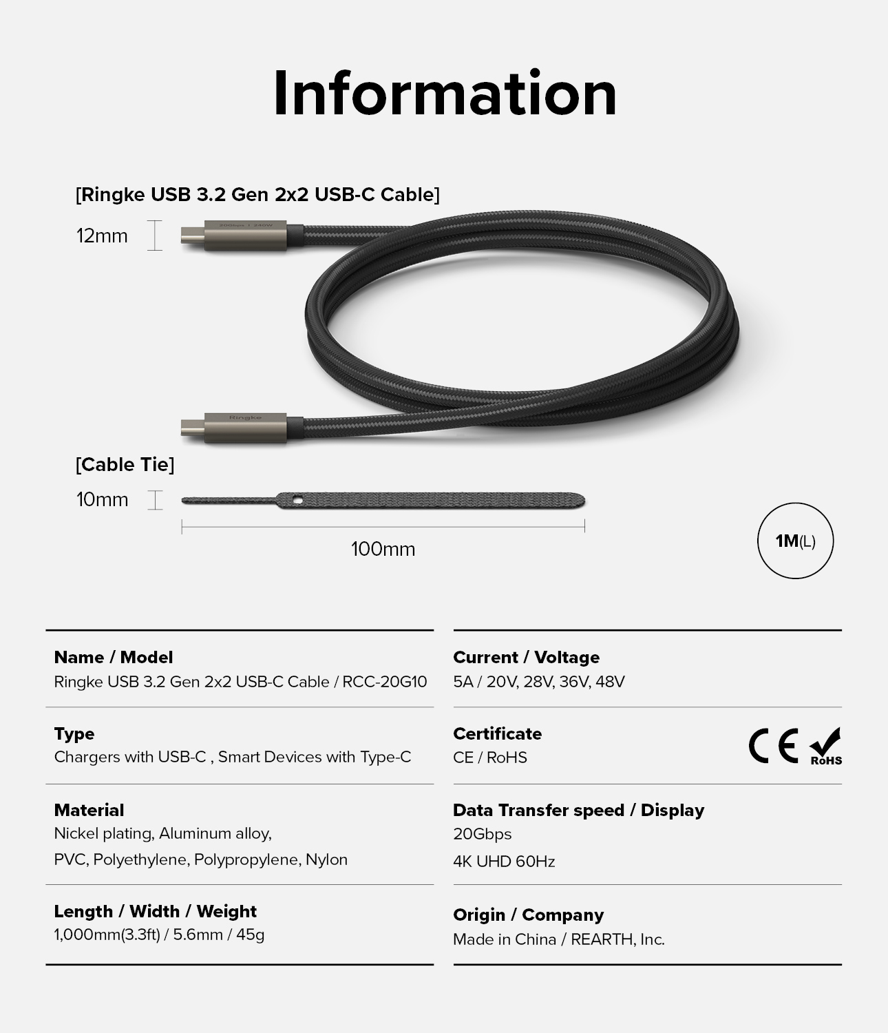 USB-C til USB-C 3.2 Gen 2x2 opladningskabel 1 m 240W, Sort