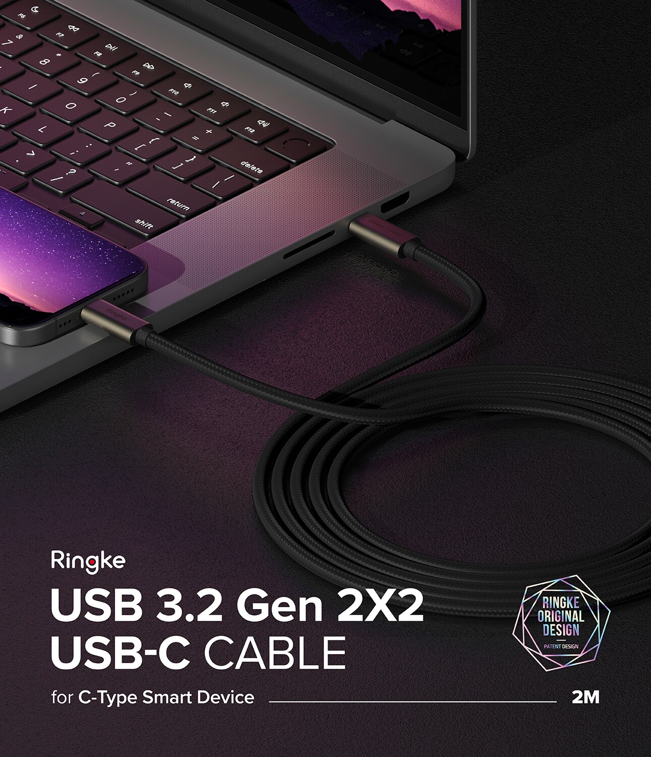 USB-C til USB-C 3.2 Gen 2x2 opladningskabel 2 m 240W, Sort