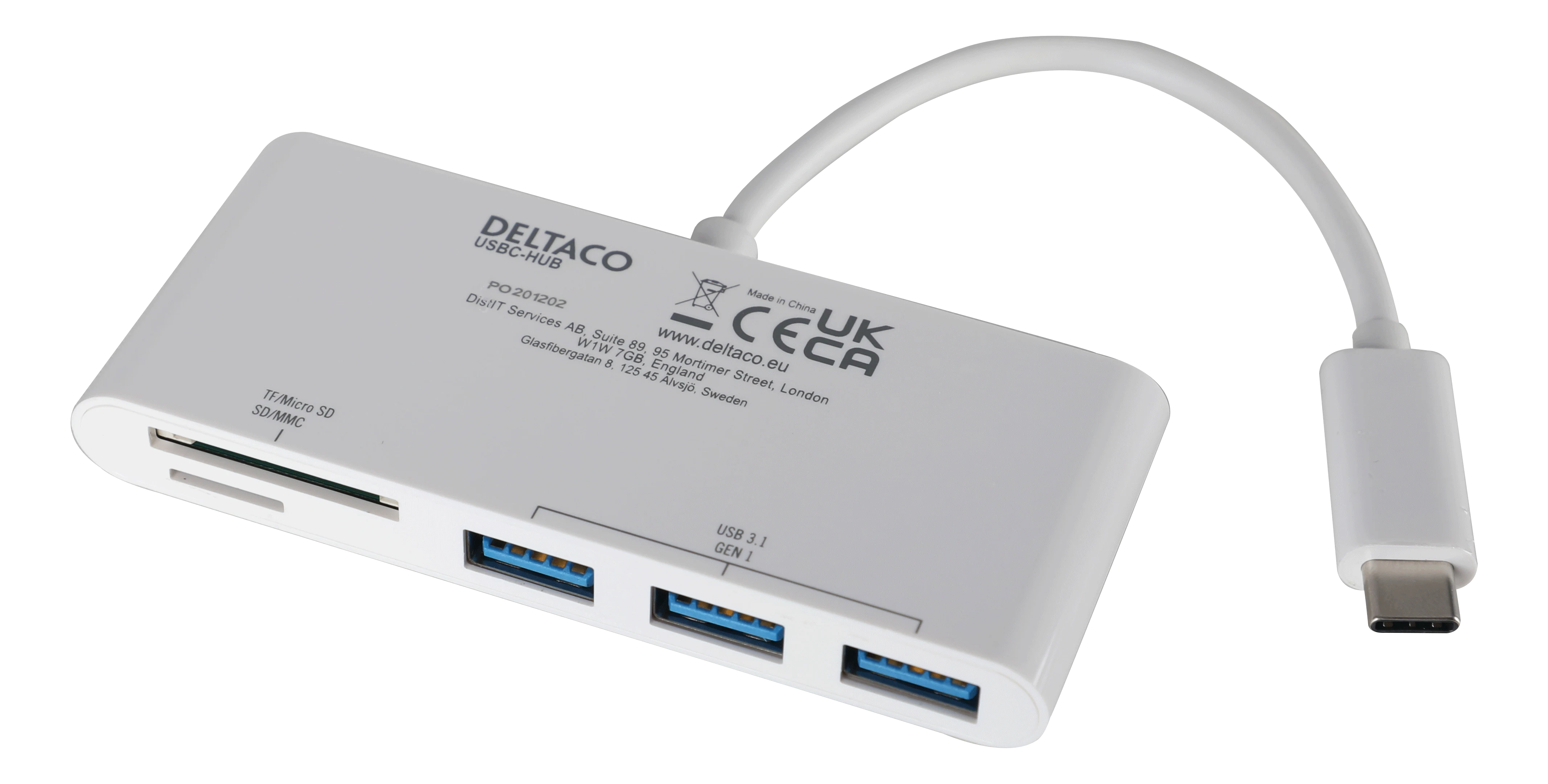USB-C Hub med 3x USB-A porte og SD/microSD-kortlæser, Hvid