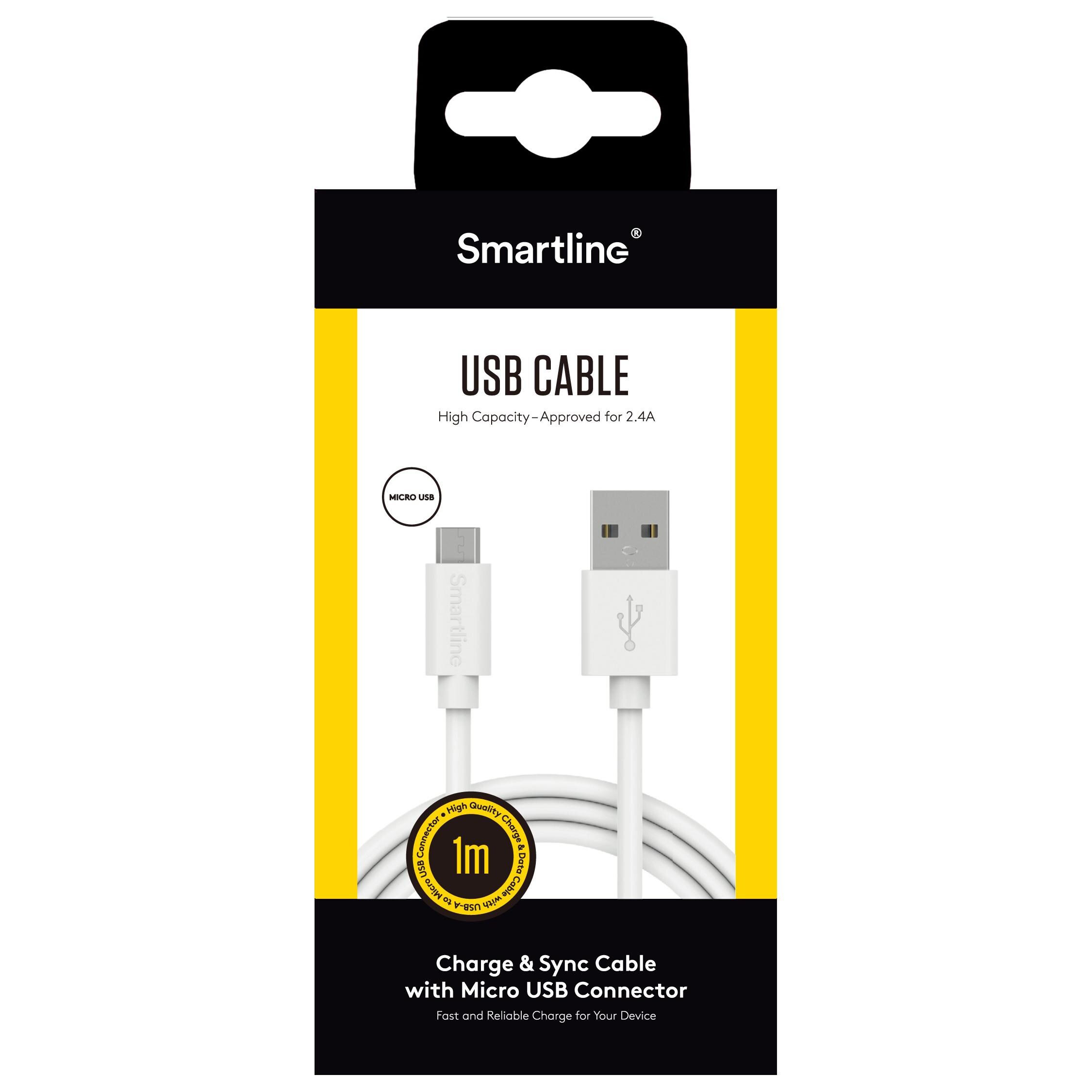 Opladningskabel 1m MicroUSB, Hvid