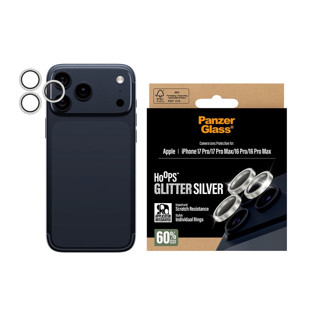 iPhone 17 Pro Hoops linsebeskyttelse med aluminiumramme, Glitter Silver