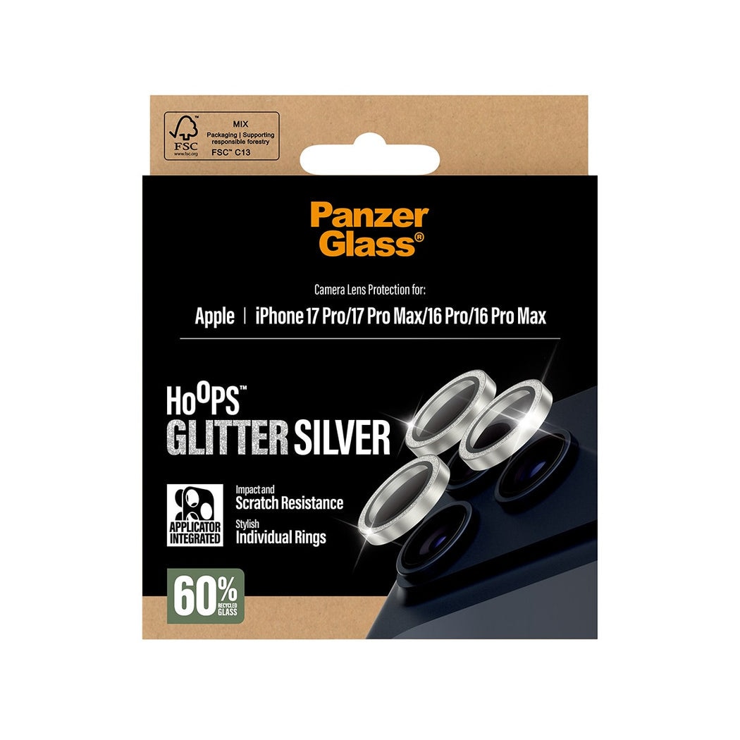 iPhone 17 Pro Hoops linsebeskyttelse med aluminiumramme, Glitter Silver