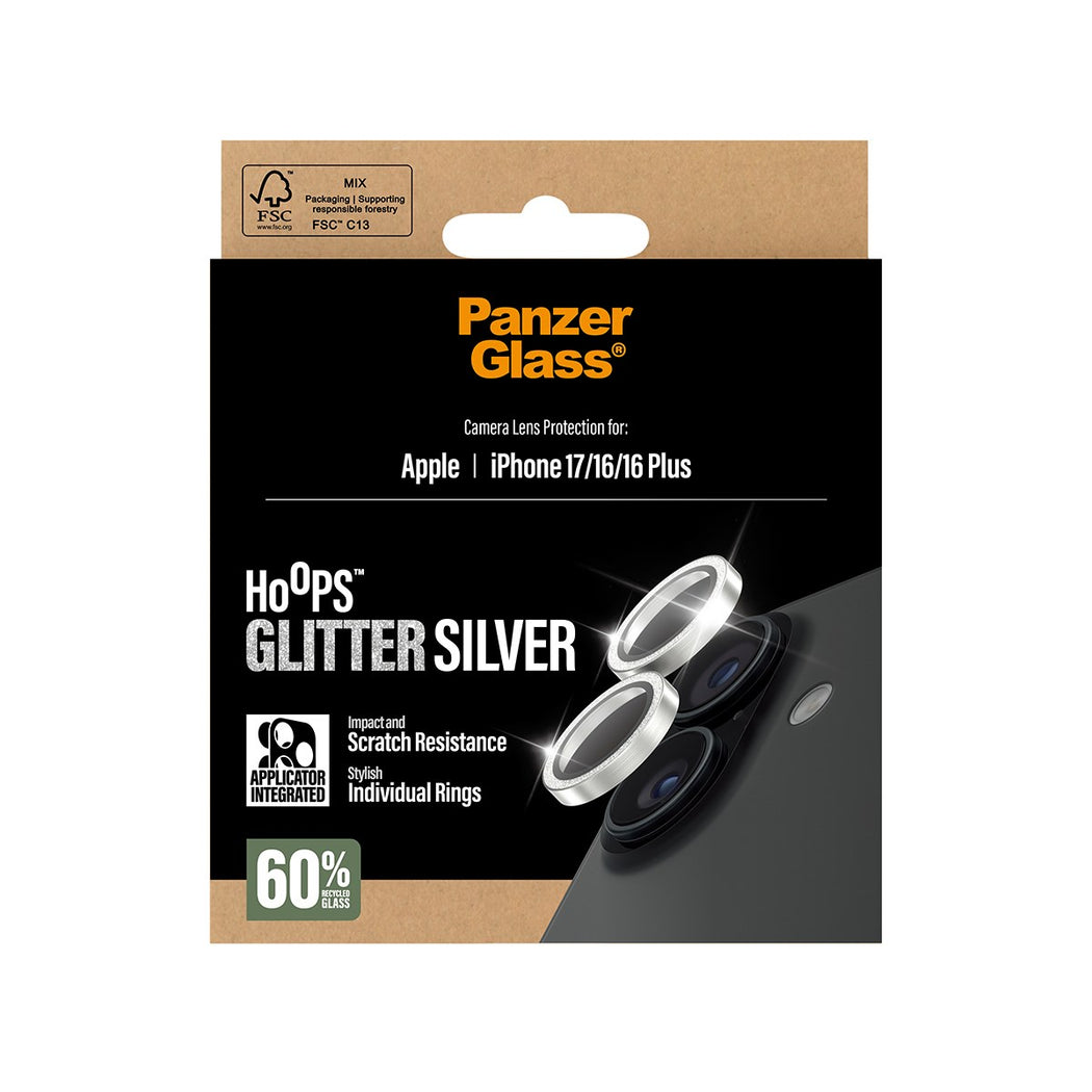 iPhone 17 Hoops linsebeskyttelse med aluminiumramme, Glitter Silver