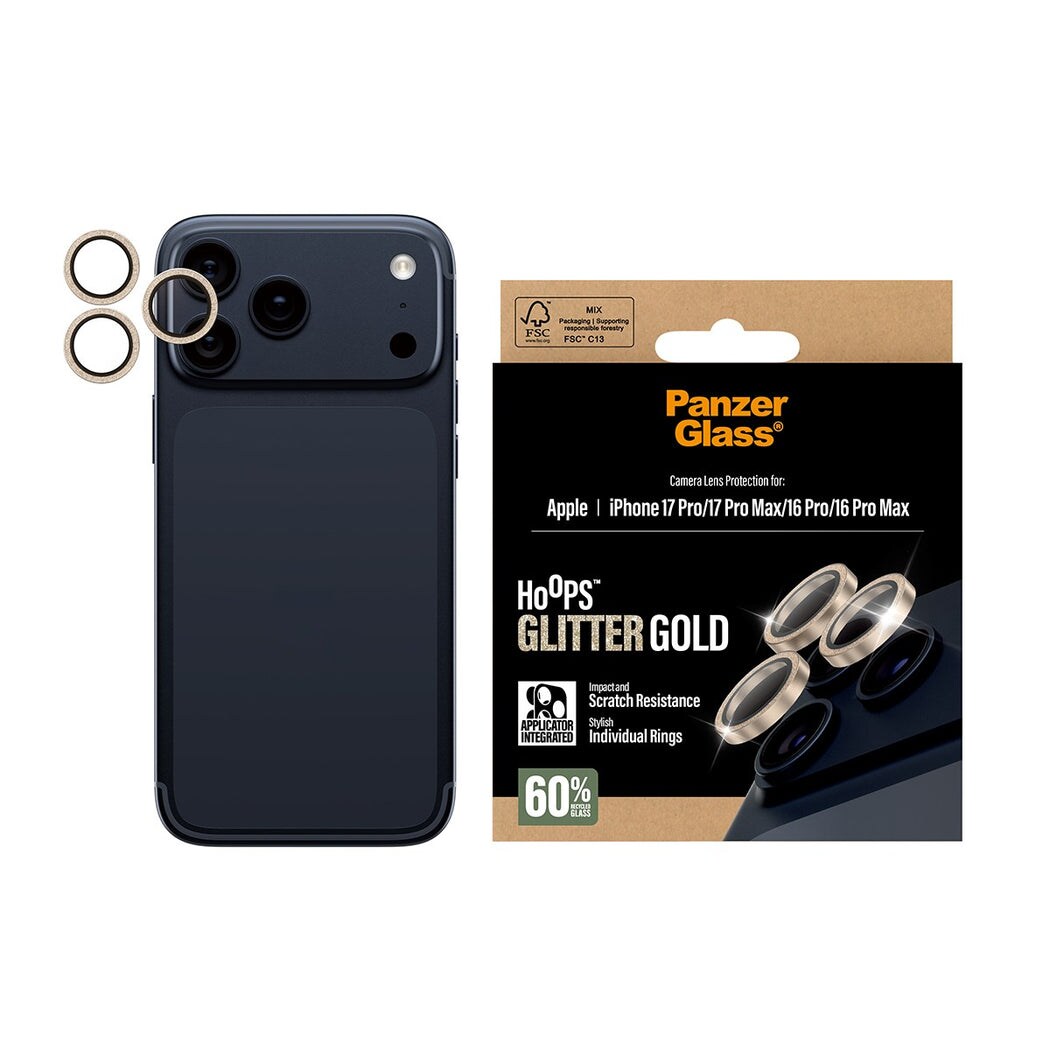 iPhone 17 Pro Max Hoops linsebeskyttelse med aluminiumramme, Glitter Gold