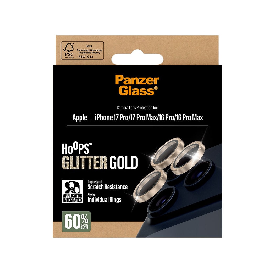 iPhone 17 Pro Max Hoops linsebeskyttelse med aluminiumramme, Glitter Gold