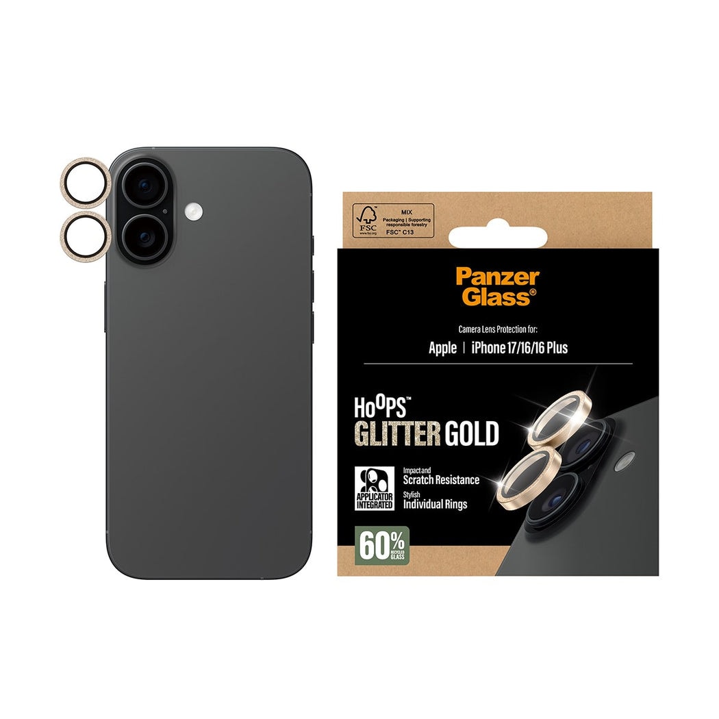iPhone 17 Hoops linsebeskyttelse med aluminiumramme, Glitter Gold