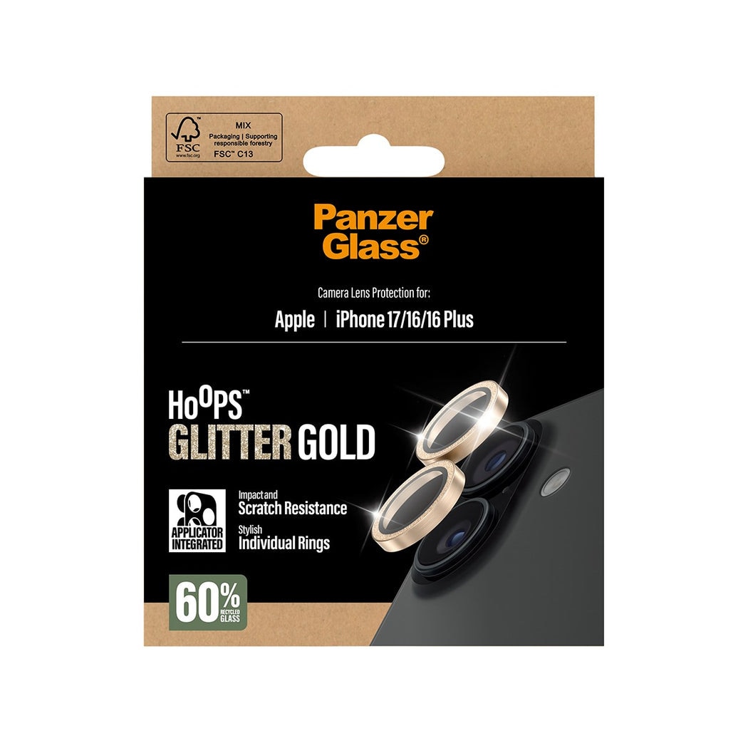 iPhone 17 Hoops linsebeskyttelse med aluminiumramme, Glitter Gold
