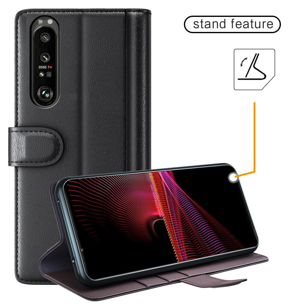 Sony Xperia 1 III Slankt mobiletui i ægte læder, Sort