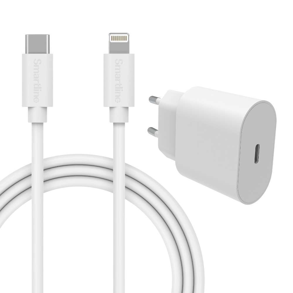 Komplet oplader til iPhone 12/12 Pro - 2m kabel & vægoplader, Hvid