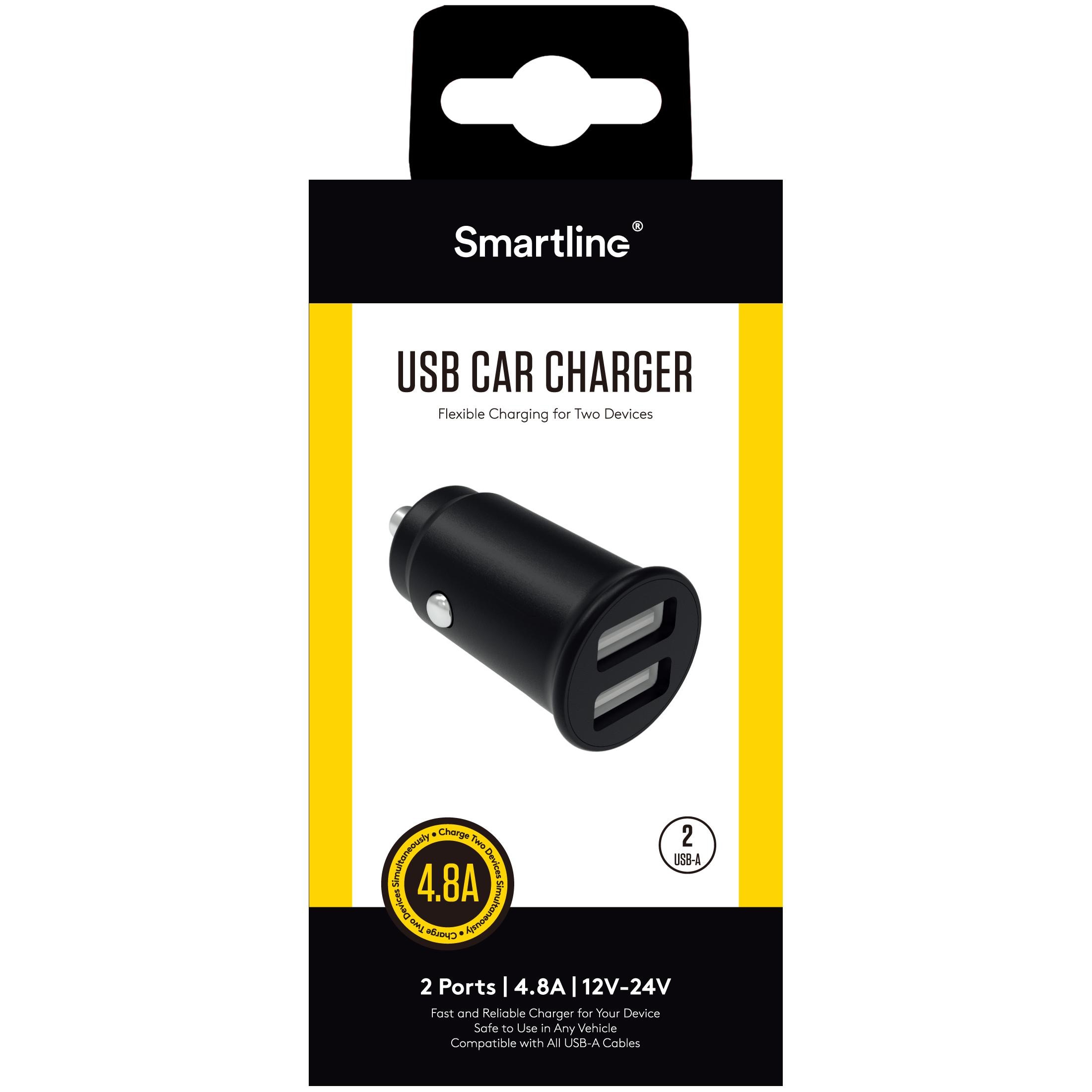 Biloplader 2xUSB-A 4.8A 12V-24V, Sort