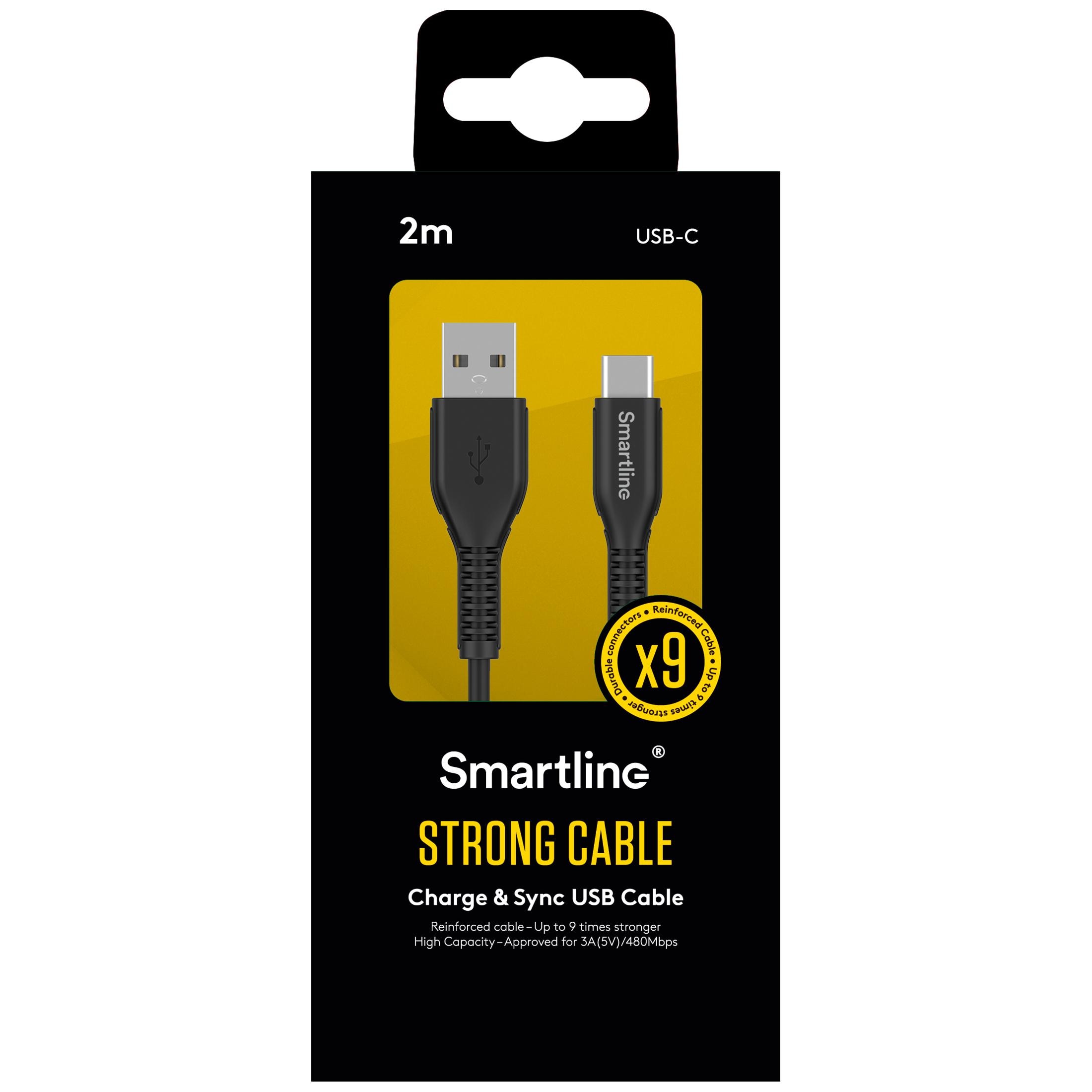 Slidstærk opladningskabel 2m USB-A til USB-C, Sort