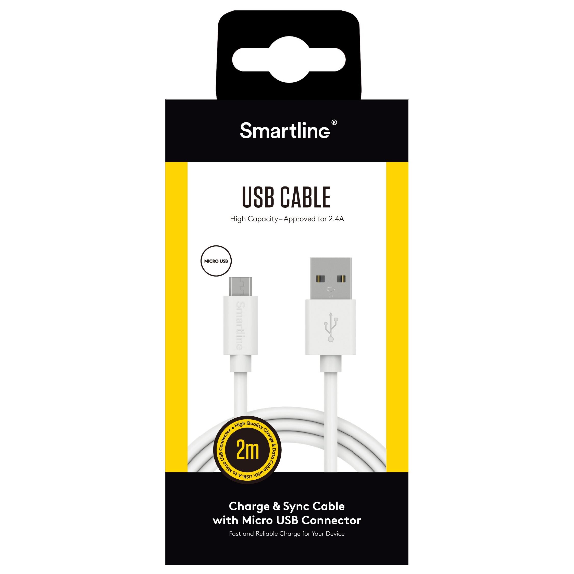 Opladningskabel 2m MicroUSB, Hvid