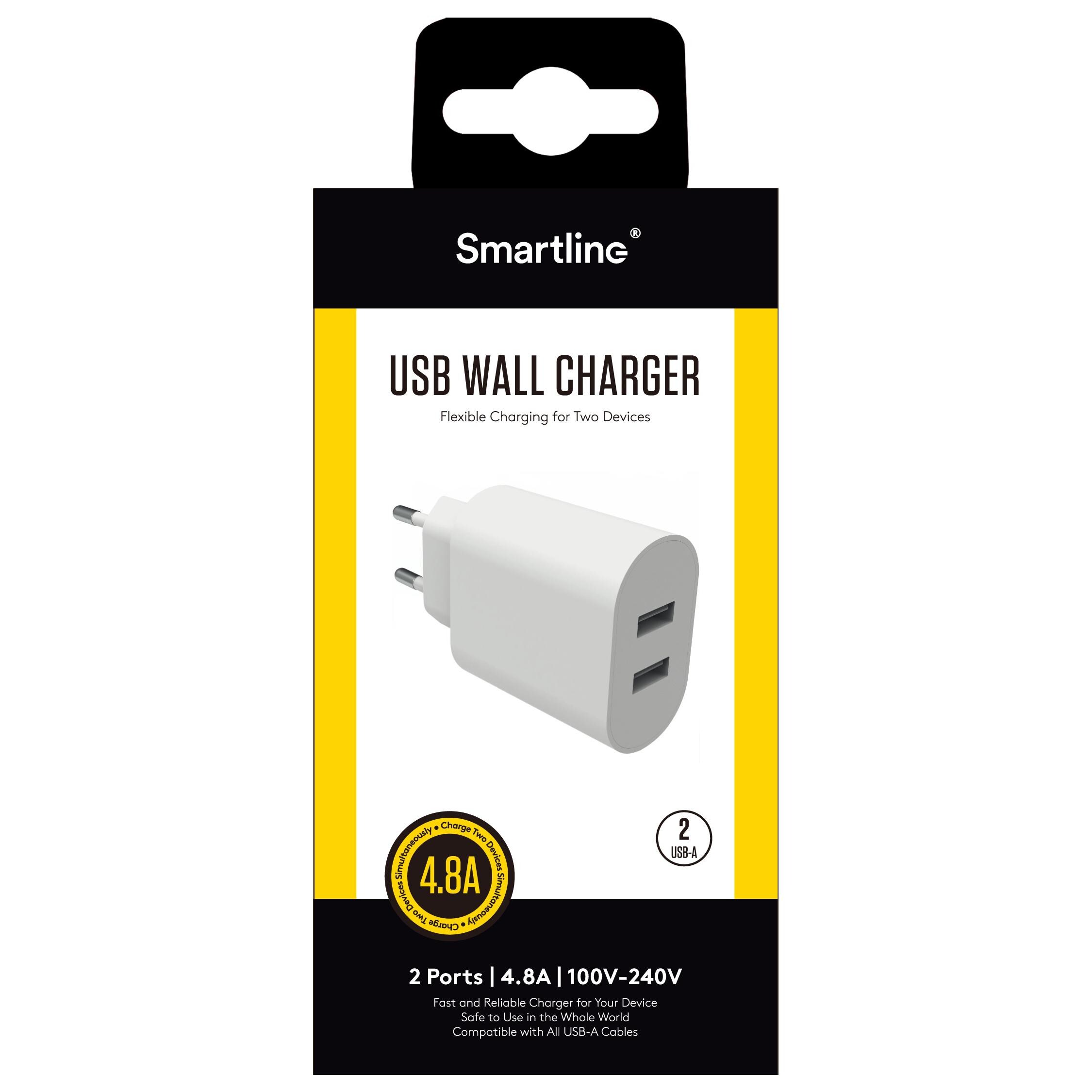 Vægoplader med dobbelte USB-porte 4.8A, Hvid